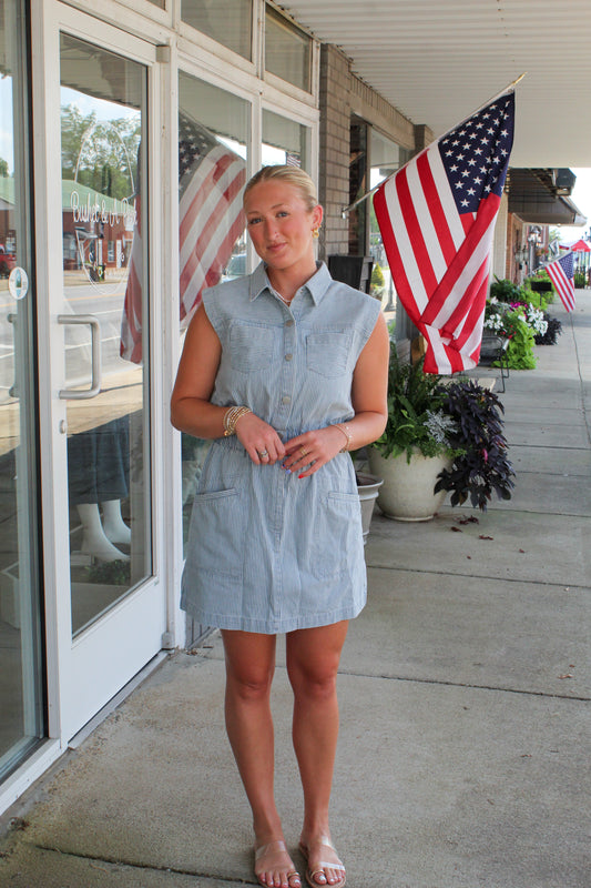 WASHED DENIM STRIPED DRESS