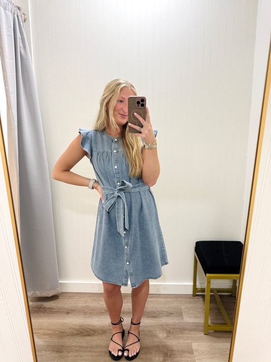RUFFLE DENIM SHIRT DRESS