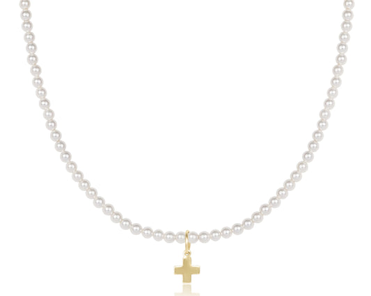 15" CHOKER CLASSIC PEARL 3MM BEAD- SIGNATURE CROSS GOLD CHARM