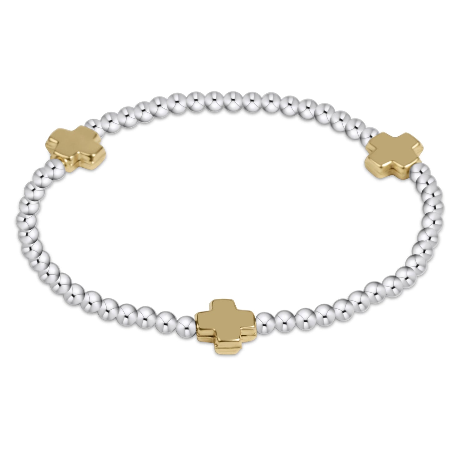 EXTENDS- SIGNATURE CROSS STERLING MIXED METAL PATTERN 3MM BEAD BRACELET- GOLD