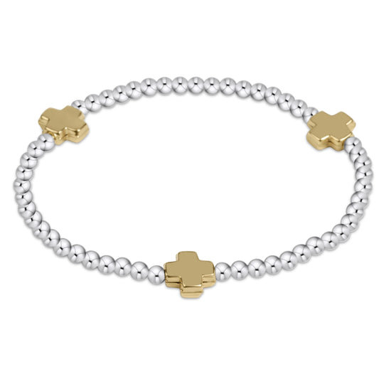 EXTENDS- SIGNATURE CROSS STERLING MIXED METAL PATTERN 3MM BEAD BRACELET- GOLD