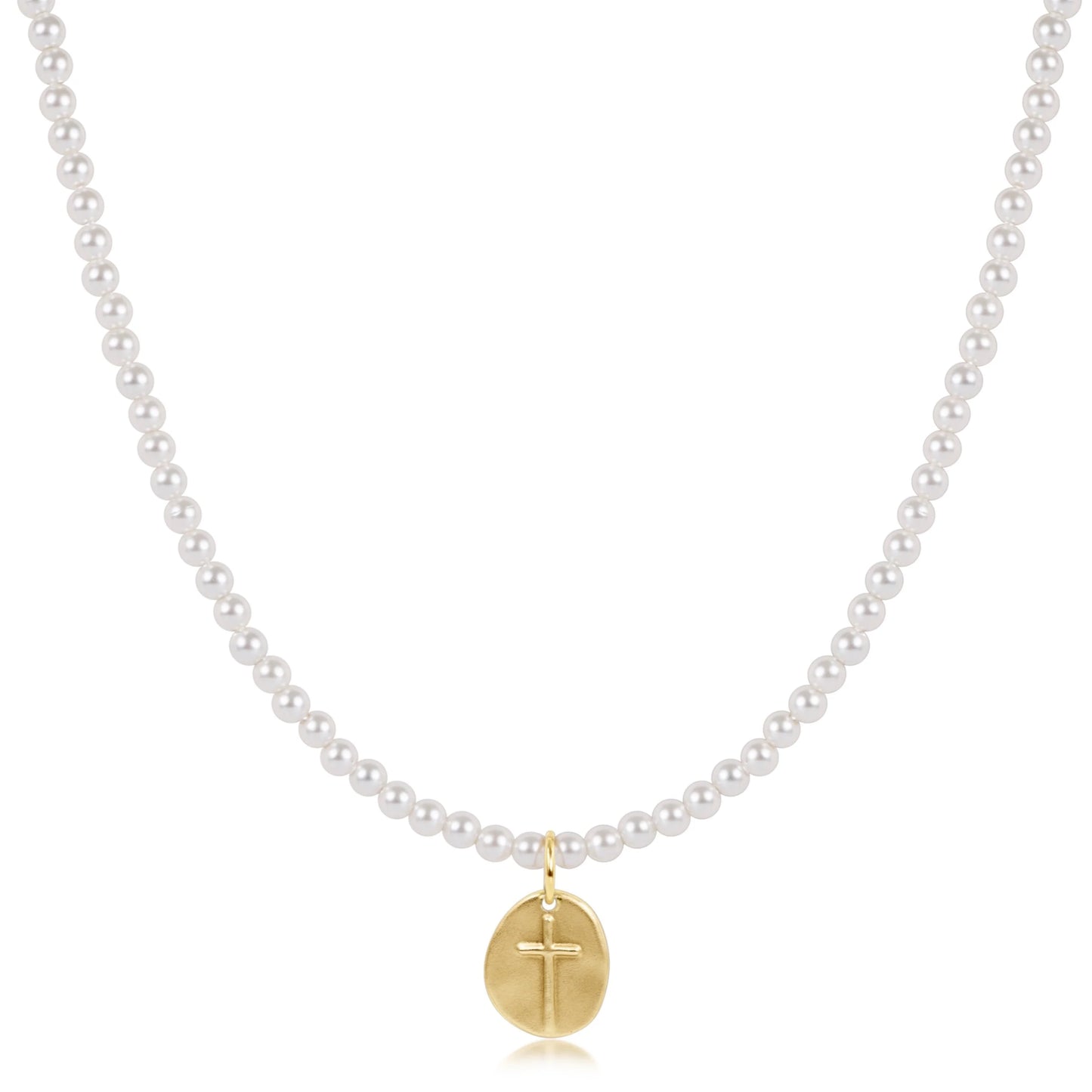 17” CHOKER BEADED- CLASSIC PEARL 3MM- INSPIRE SMALL GOLD DISC