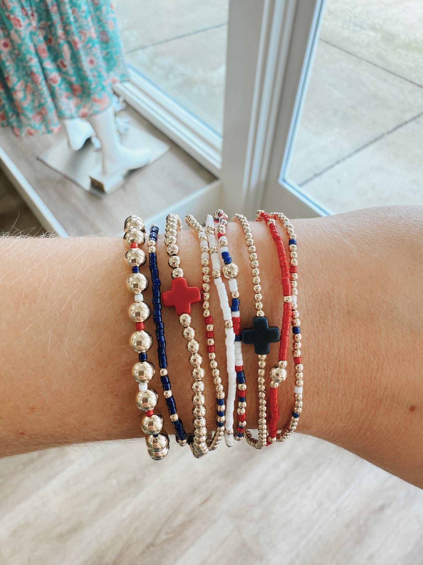 SIGNATURE CROSS GOLD PATTERN 2MM BEAD BRACELET- FIRECRACKER