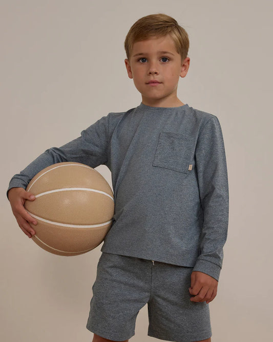 LONG SLEEVE POCKET TEE || HEATHERED INDIGO