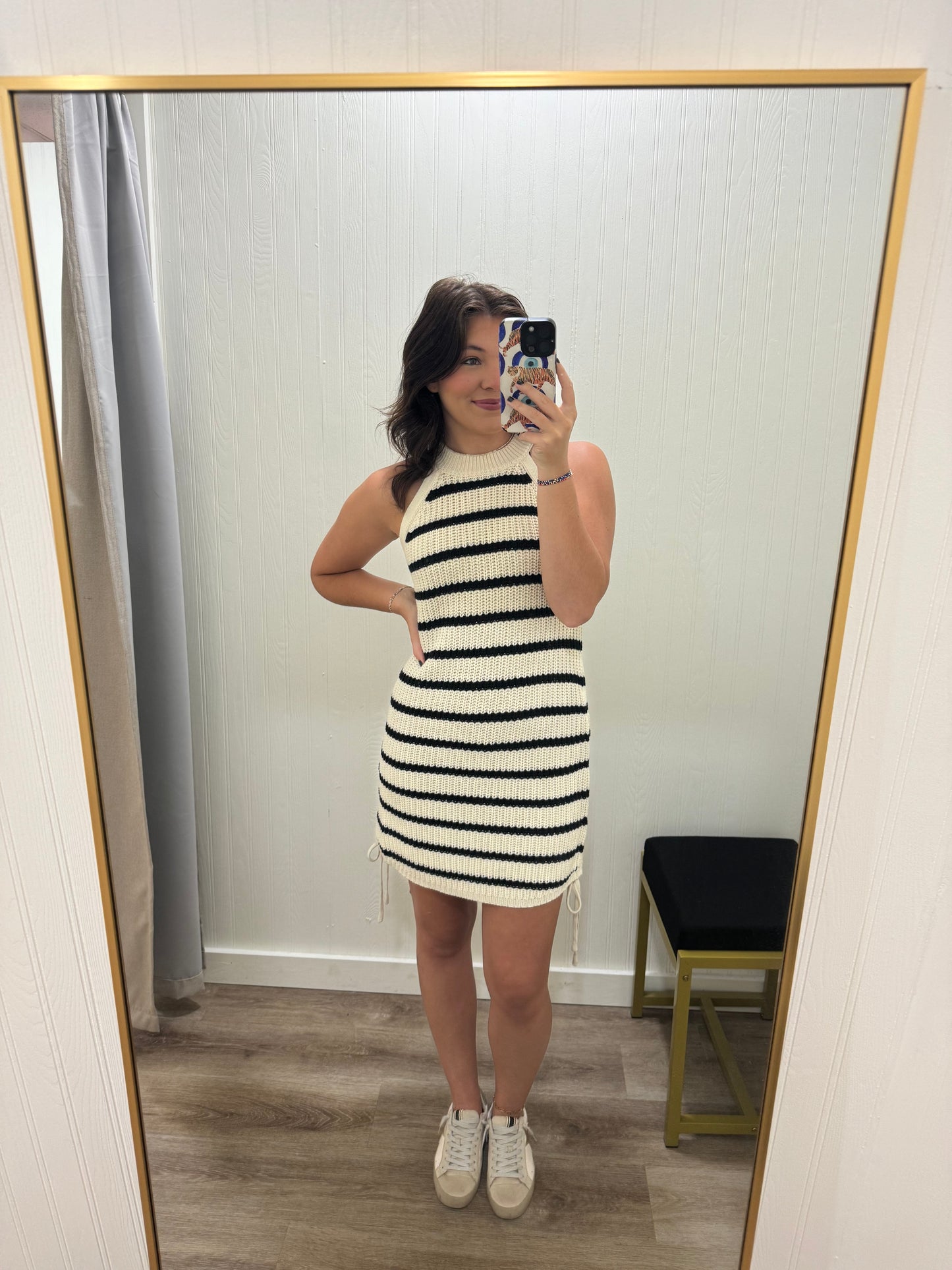 STRIPED RUCHED KNIT DRESS