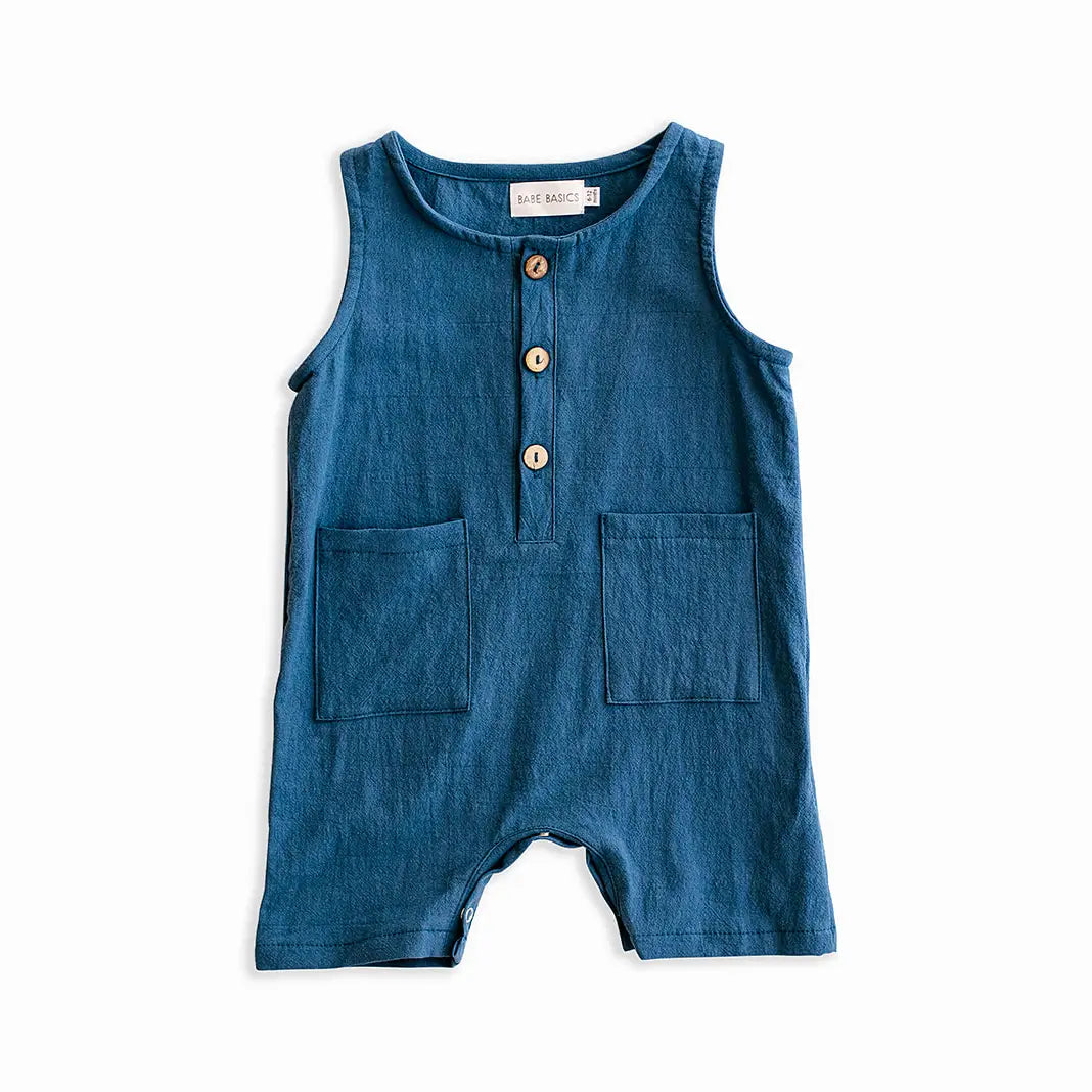 NAVY SLEEVELESS LINEN BABY ROMPER