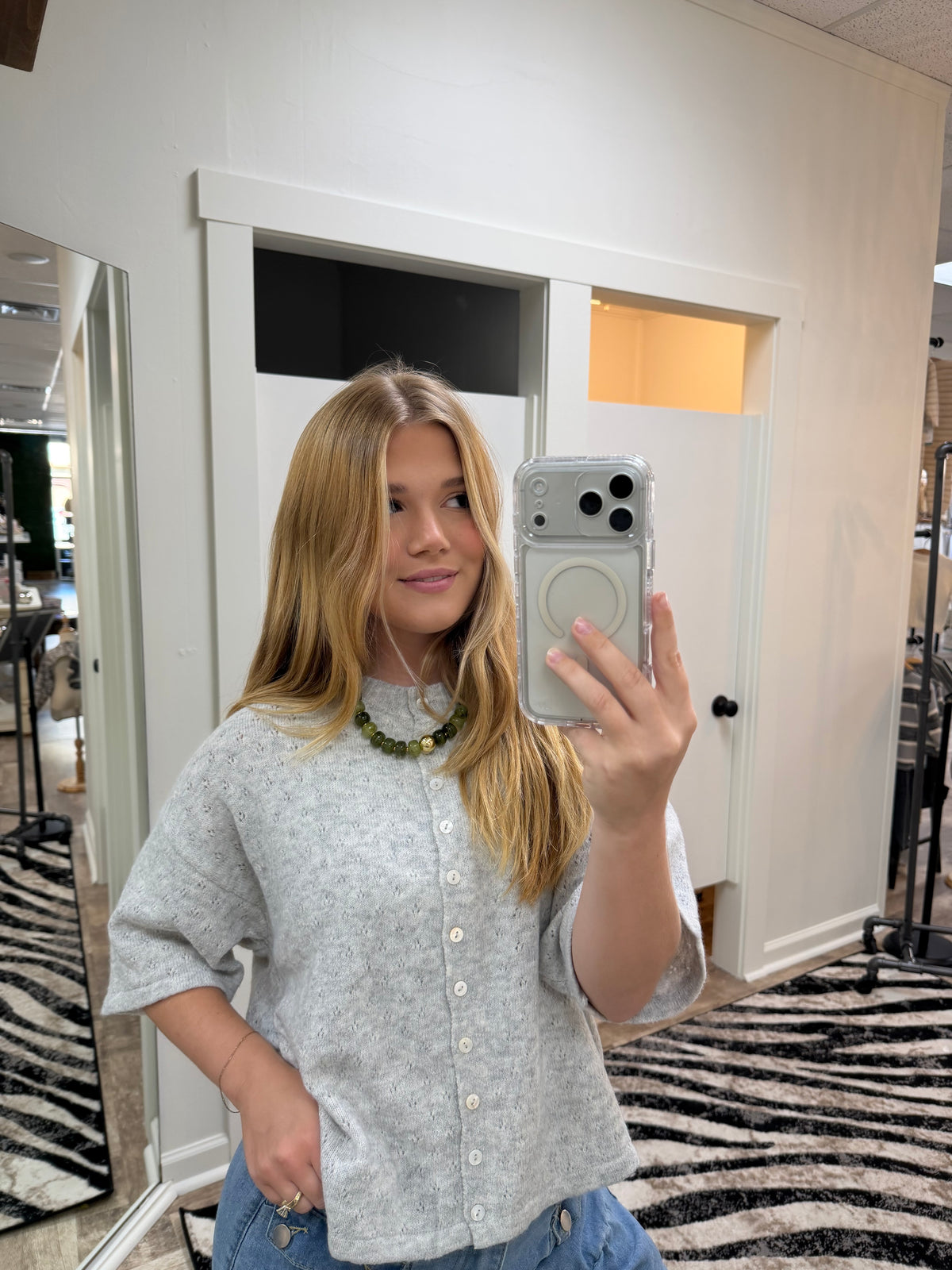 Anika Pointelle Cardigan | Heather Grey