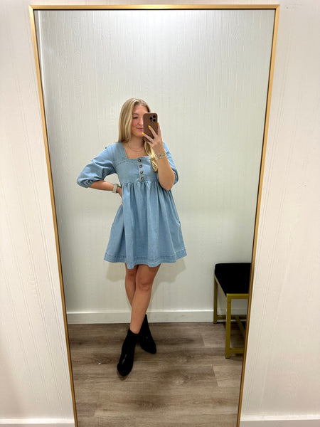 DENIM BABYDOLL MINI DRESS Bushel and A Peck Clothing DENIM BABYDOLL MINI DRESS Bushel and A Peck Clothing