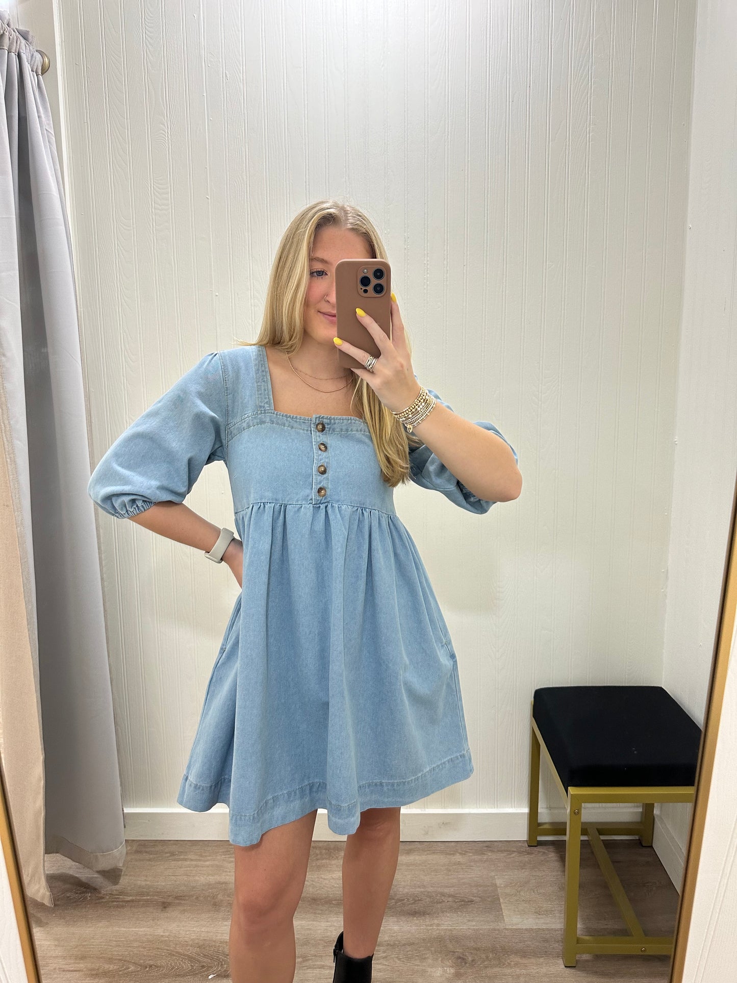 DENIM BABYDOLL MINI DRESS