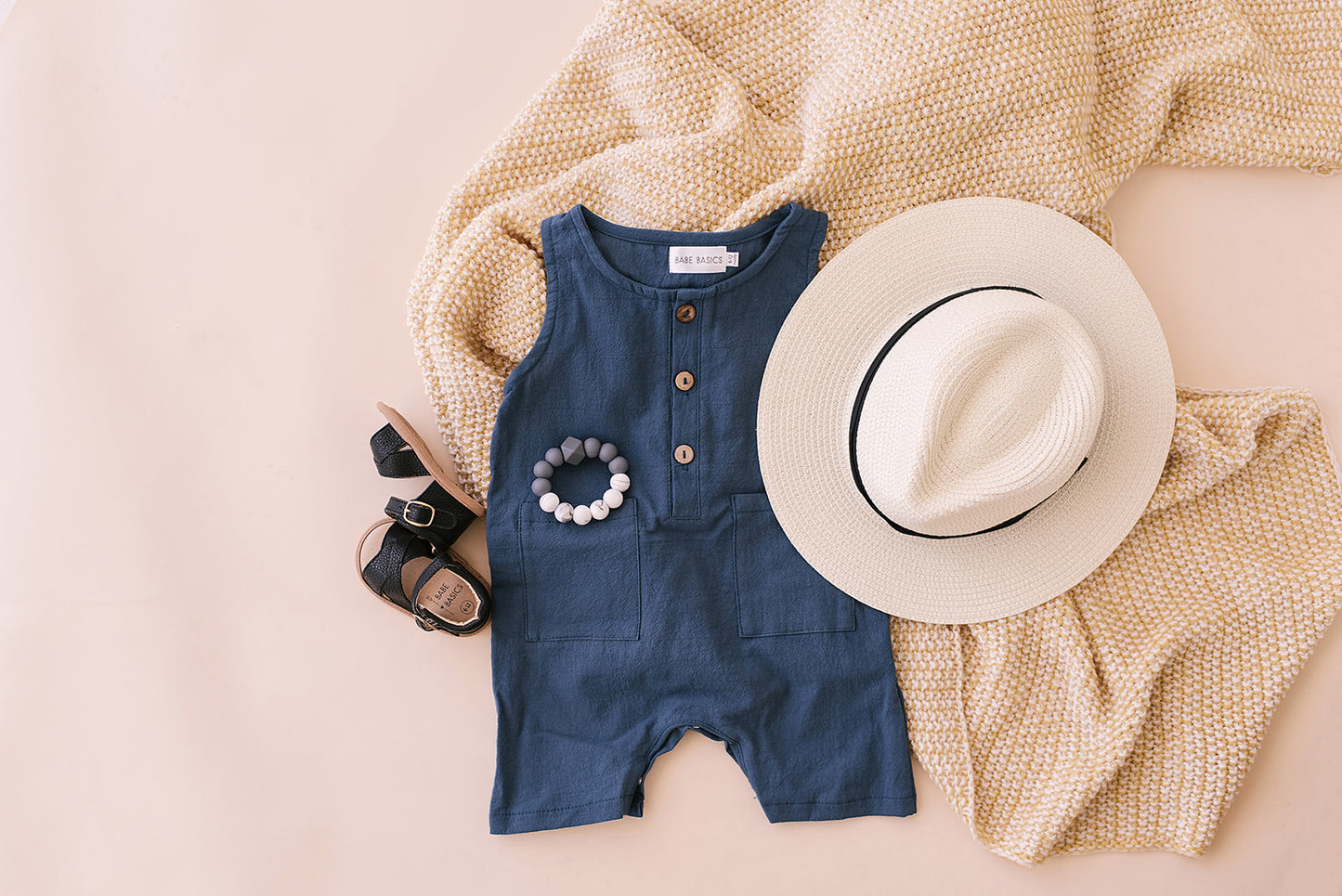 NAVY SLEEVELESS LINEN BABY ROMPER