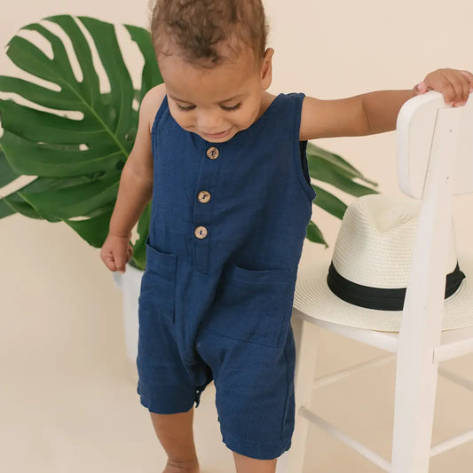 NAVY SLEEVELESS LINEN BABY ROMPER