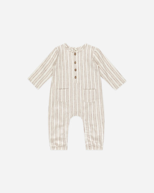 LONG SLEEVE WOVEN JUMPSUIT || STONE STRIPE