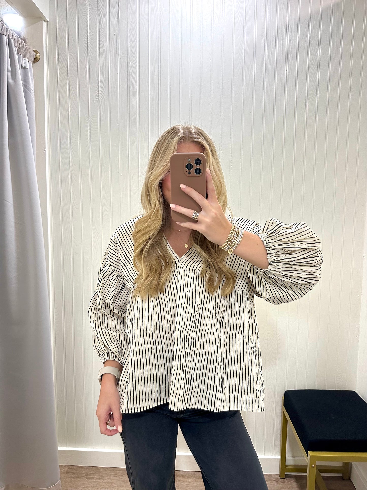 STRIPED BALLOON SLEEVE TOP