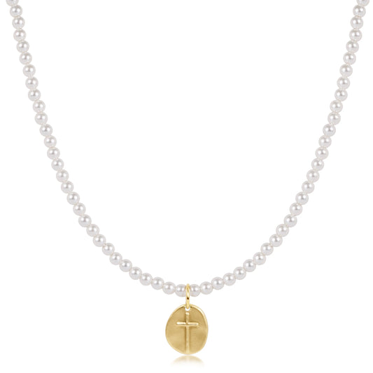 17” CHOKER BEADED- CLASSIC PEARL 3MM- INSPIRE SMALL GOLD DISC